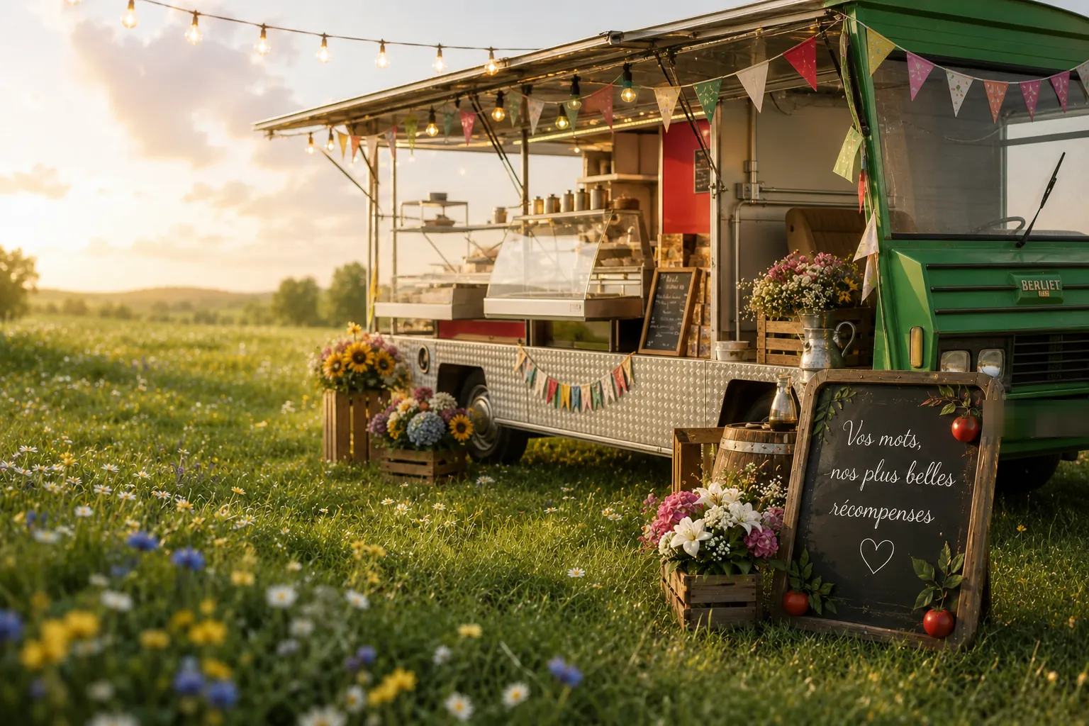 Le food-truck La Halte Gourmande au coucher du soleil dans un champ de fleurs