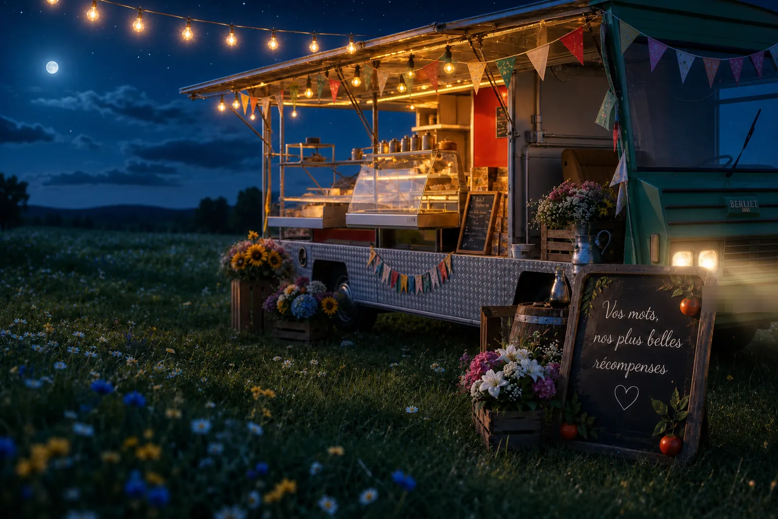 Pizza de la semaine au feu de bois — le food-truck La Halte Gourmande à la nuit tombée, Trémons (47)